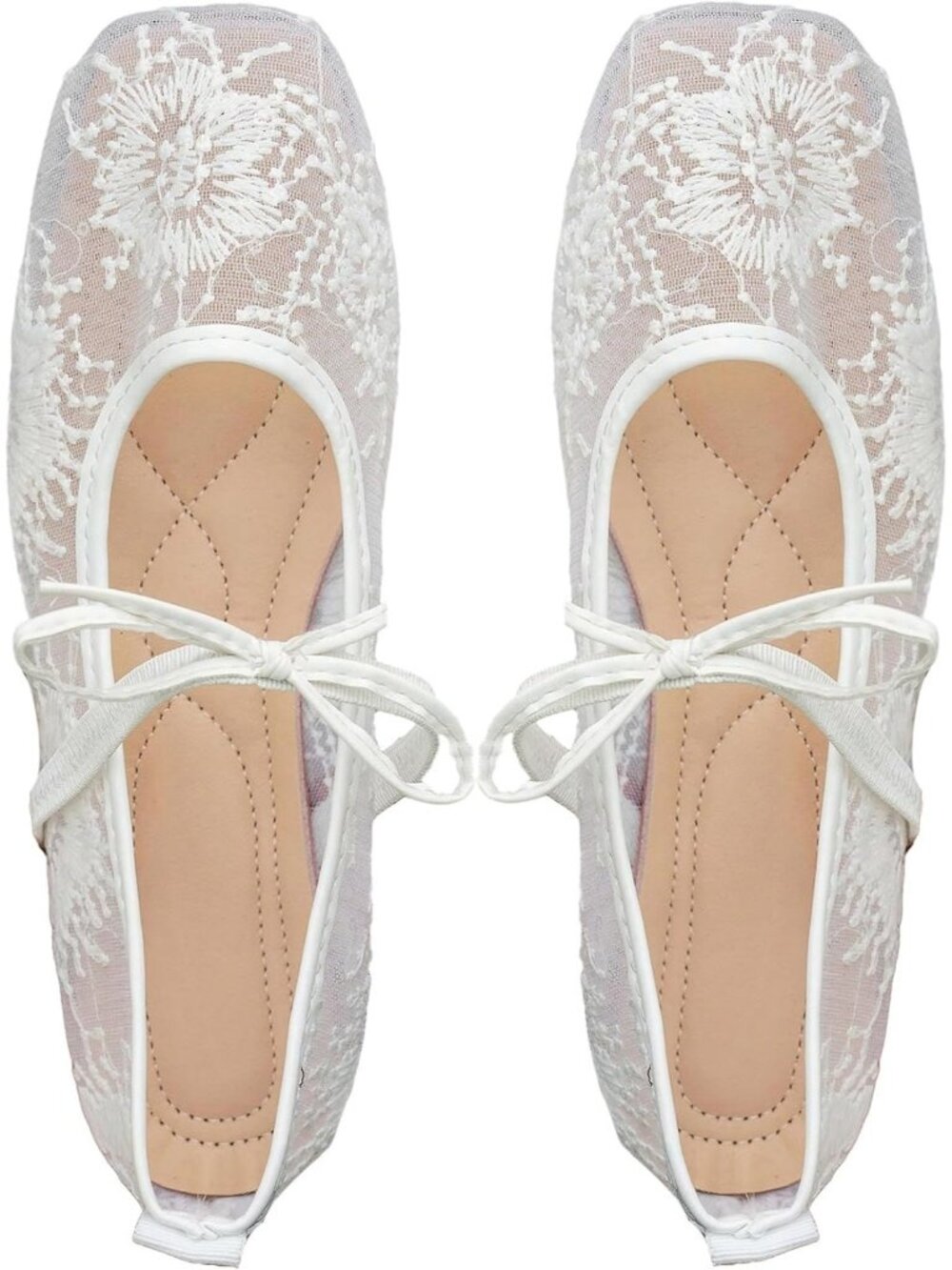 Women's Light White Closed Toe Floral Lace Mesh Comfortable Pull On Ballet Flats - Picture 1 of 5